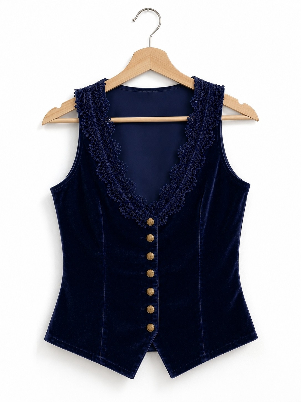 Navy Blue Velvet Lace Trim Corset Tank Top Women's Size Large | Cottagecore Boho - Picture 3 of 3